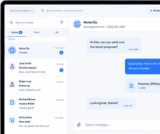 Web dashboard showing patient list on left side and messaging conversation with Acme Co. on right