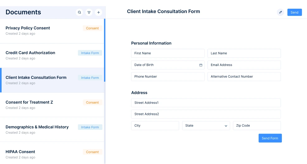 KloudMD Documents interface showing Client Intake Consultation Form with personal information and address fields