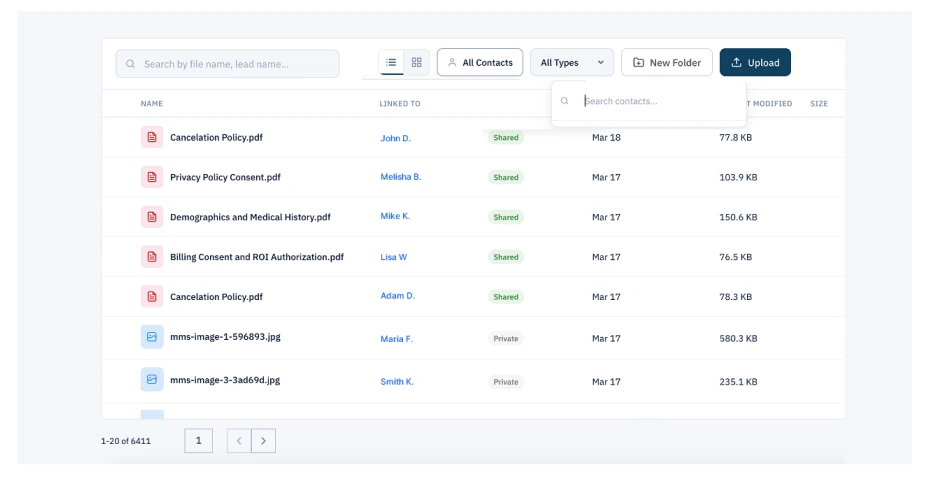 Centralized patient records interface showing file management with search, filters, and document list including policies, consent forms, and medical images
