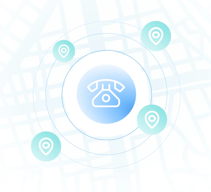 Telephone icon in center circle surrounded by concentric rings with four location pin icons