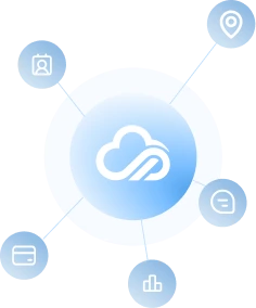 Cloud server icon connected to surrounding icons representing location, patient records, messaging, and building