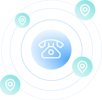 Telephone icon surrounded by location pins on concentric circles representing telemedicine connectivity