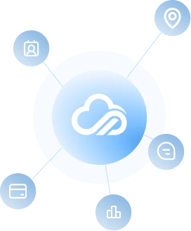 Cloud icon surrounded by connected symbols for user profile, location, document, chart, and settings