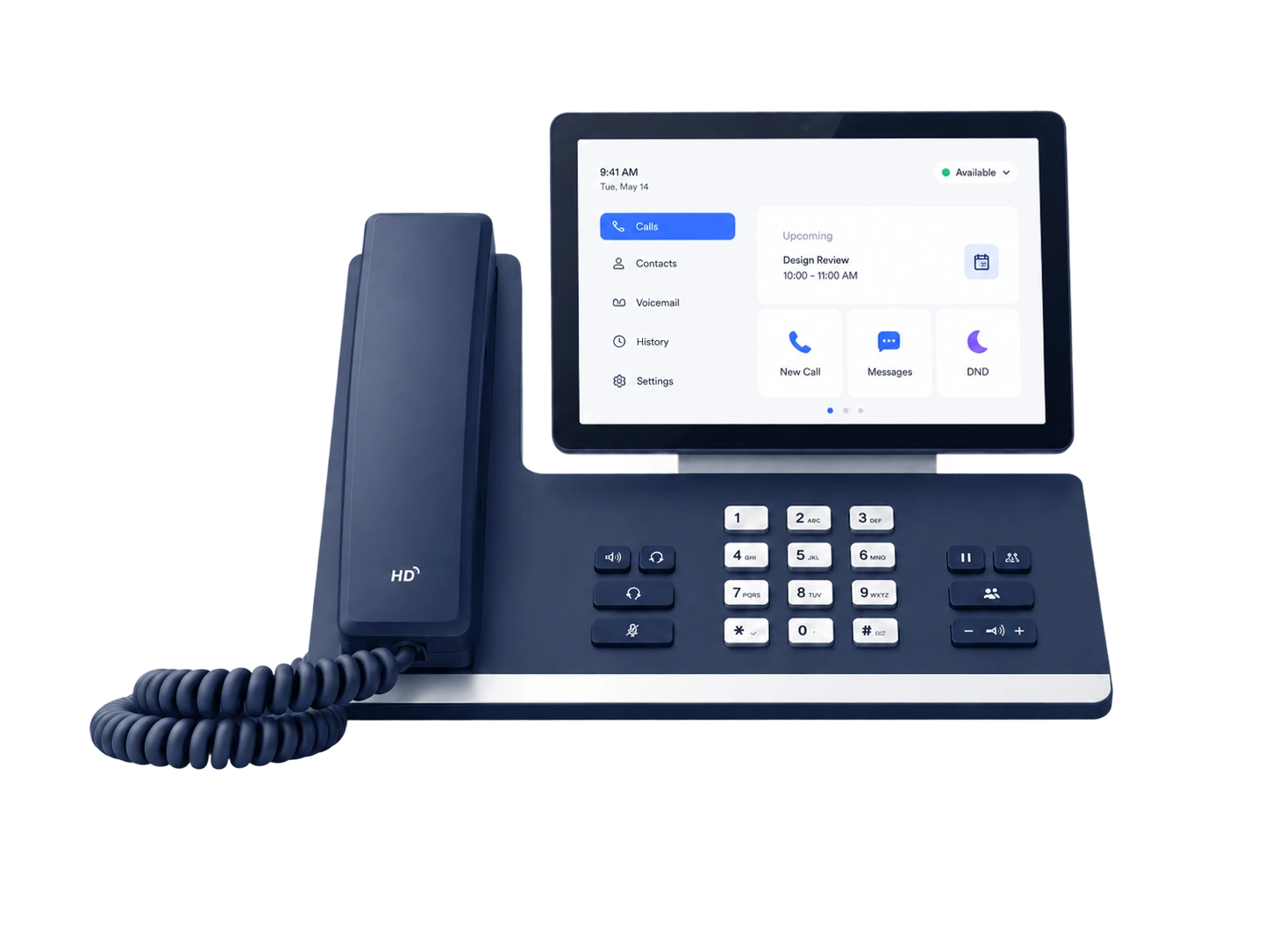 HD business phone system with handset, keypad, and tablet displaying call management interface with contacts and voicemail options