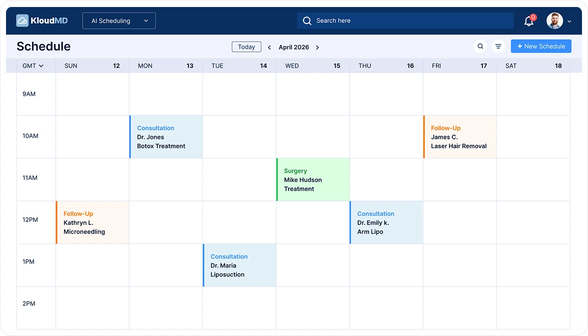 KloudMD staff schedule with visits written into the calendar