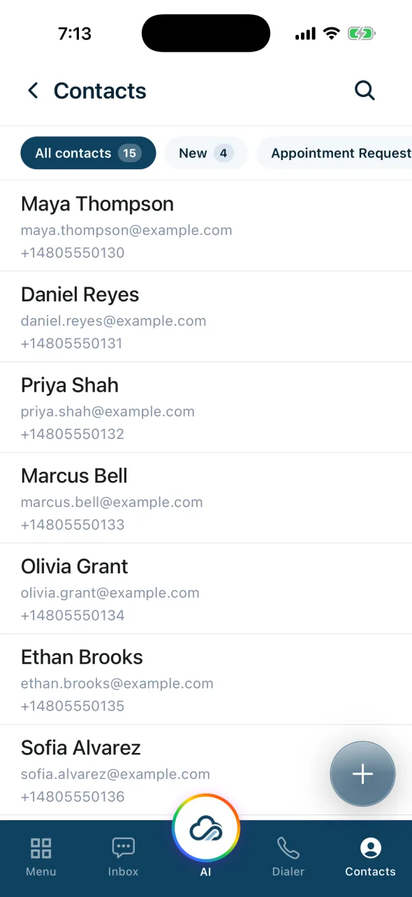 KloudMD app patient contact list with names, emails and phone numbers