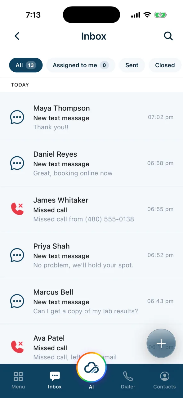 KloudMD app inbox listing patient texts, missed calls and consult requests