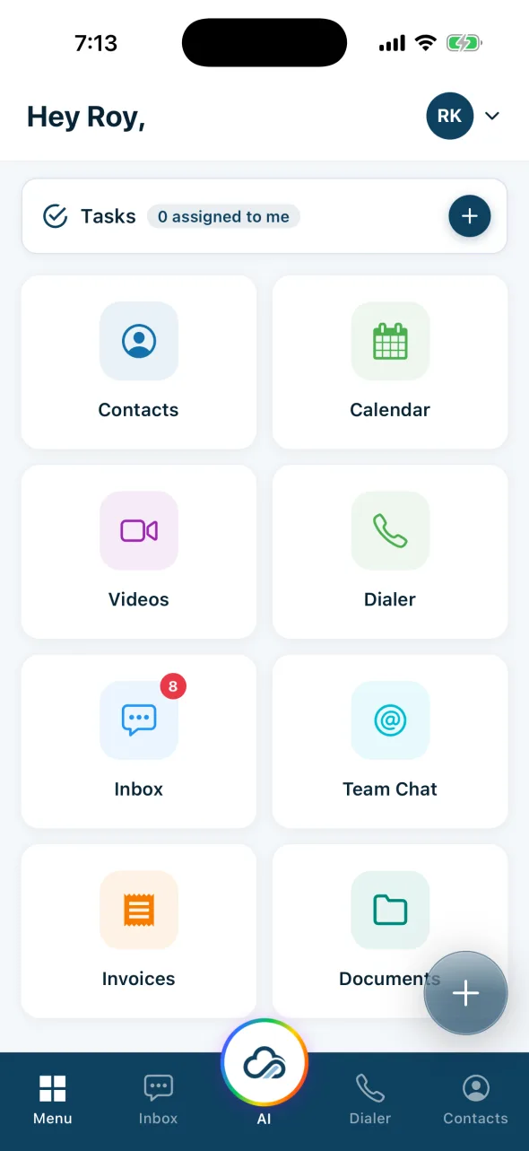 KloudMD app home screen with Contacts, Calendar, Dialer, Inbox and Team Chat