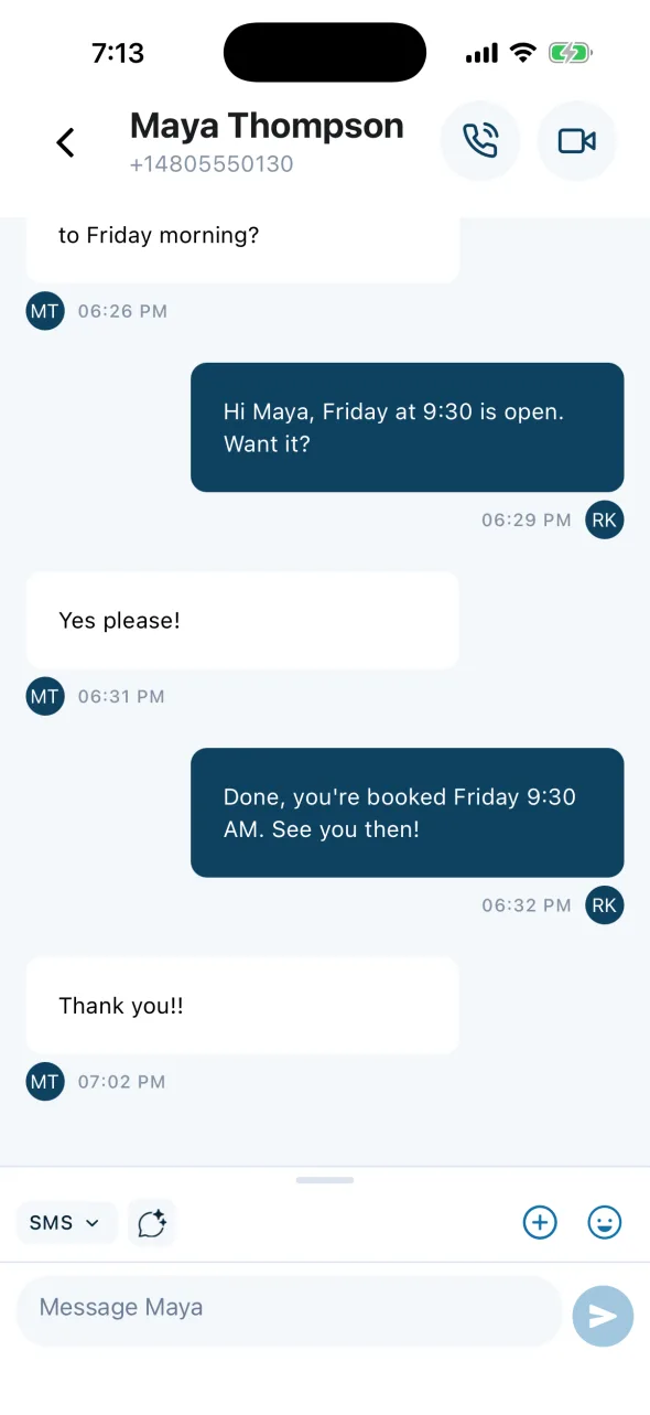 Texting a patient from the office number in the KloudMD app, with call and video buttons